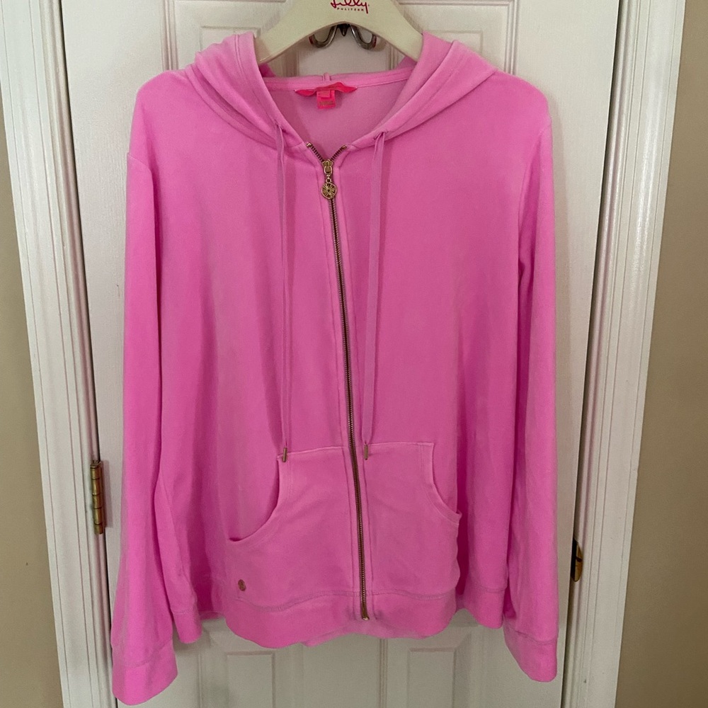 Lilly Pulitzer Pink Zip-Up velour hoodie Sz XL.